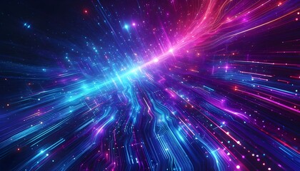 This image presents a vibrant, abstract depiction of light trails, reminiscent of high-speed data streams or cosmic energy.