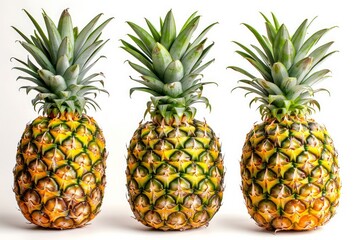 Three pineapples aligned on white background. AI generated