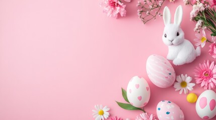 Obraz premium Flat lay easter celebration background with colorful bunny eggs, spring flowers, and festive decorations on a rustic pink tabletop – holiday theme for seasonal greeting and design