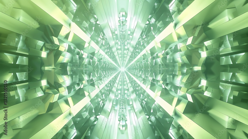 Wall mural abstract futuristic green light tunnel with geometric forms and sharp perspectives creating a digita