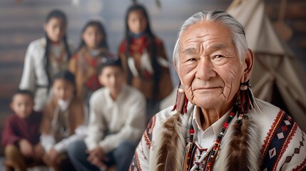 Fototapeta premium Elderly Man in Traditional Attire with Children in Background at Cultural Gathering in Natural Setting