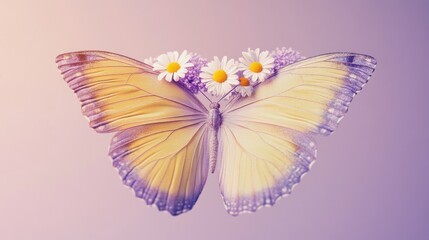 Fototapeta premium Delicate butterfly adorned with wildflowers. A pastel yellow and lavender butterfly, centered against a soft gradient background, is framed by small white daisies and purple flowers