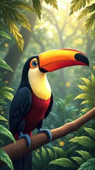 Fototapeta premium Colorful toucan perched on branch in sunlit tropical forest