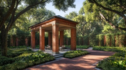 Obraz premium Brick gazebo in lush Southern garden