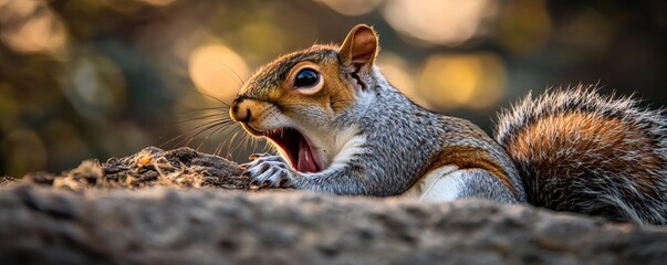 Obraz premium A grey squirrel is yawning widely while resting on wood