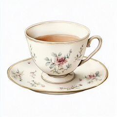 Watercolor vintage illustration with tea cup and saucer decorated with roses, and leaves. Isolated on a white background illustration for invitations, greeting cards, prints, posters