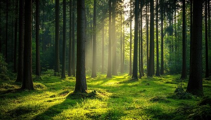 Fototapeta premium Sunlight streams through a dense forest. Lush green foliage and tall trees create a tranquil scene