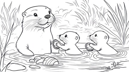 Otter family playing with shells in river, reeds background, coloring page