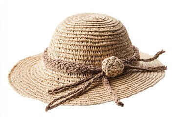 Straw hat with frayed edges on white background. AI generative