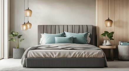 Modern bedroom with pendant lights, teal pillows, and plants