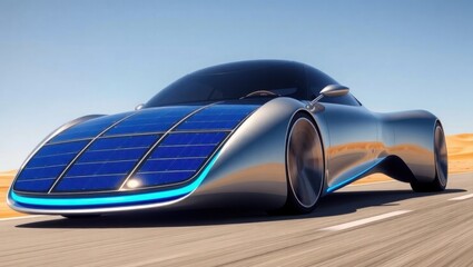 Futuristic solar-powered vehicle gracefully glides across the sun-drenched highway