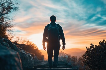 Hiker walking up stairs at sunset enjoying freedom and adventure