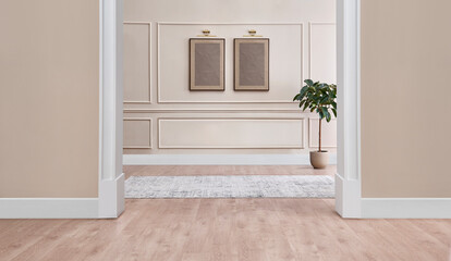 Modern room and wall concept, two side living room, decorative home interior, lamp and frame style.