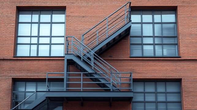 A contemporary red brick building showcases large windows and a stylish metal staircase. This unique design captures the essence of urban architecture against a bright blue sky