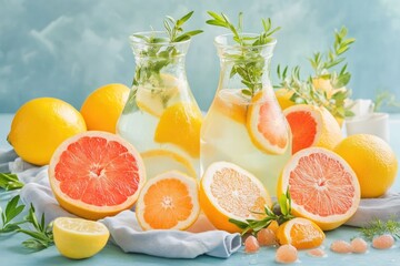 Refreshing Citrus Drink Display With Vibrant Fruits on a Bright Background