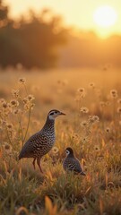 Quail birds in golden sunset field with wildflowers and soft light