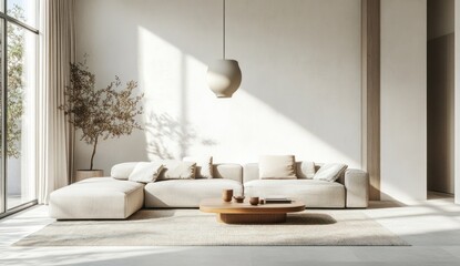 Modern beige living room with sunlight, minimalist design