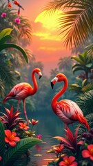Fototapeta premium Tropical paradise with flamingos at sunset in vibrant jungle landscape