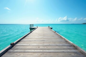 Fototapeta premium Gray weathered wooden pier deck extends over calm blue sea under summer sky , travel, jetty