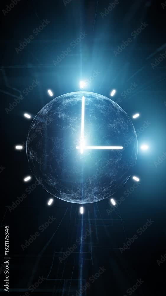 Wall mural looped digital tech sphere with analog time clock on dark blue background.