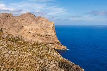 View at coastal cliffs and blue mediterranean sea from Mirador de es Colomer, Majorca, Spain