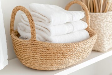 Fototapeta premium Close-up of Neatly Stacked White Towels in a Wicker Basket on a Minimalist Shelf in a Bright Bathroom
