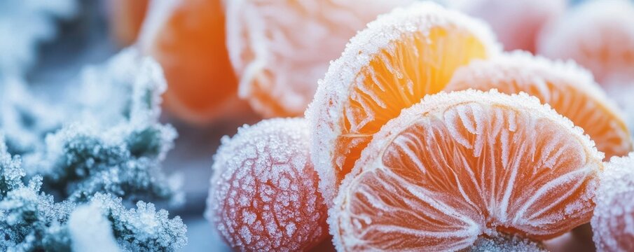 Close-up of frosted orange slices and pine branches in winter setting