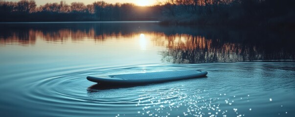 Serene sunset lake with paddleboard and rippling water reflections in tranquil nature scene