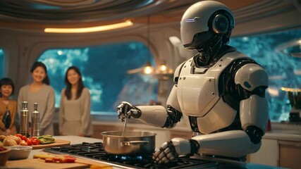 Robot Chef Prepares Meal for Family in Futuristic Kitchen Setting, Showcasing Innovation and the Future of Cooking