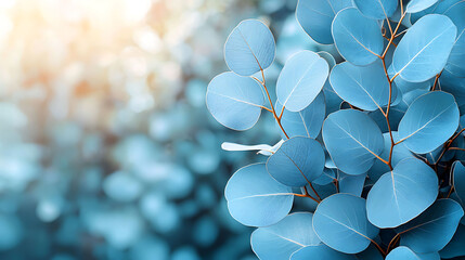 Serene closeup of powderblue eucalyptus leaves, bathed in soft sunlight.  A calming image perfect for spa treatments, wellness, nature, and botanical themes.