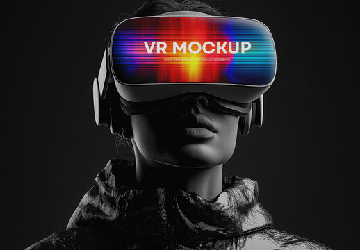 Futuristic VR Headset Mockup on Female Model &ndash; Dark Studio Scene Ideal for Gaming, Tech Product Presentation, or Virtual Reality Concept Design