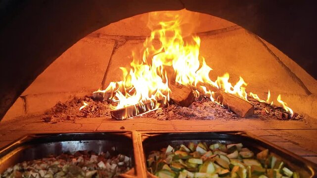 Cuisson de l&eacute;gumes dans des bacs en inox devant les braises et les flammes du four au feu de bois