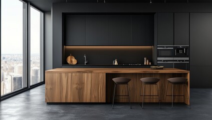 Modern city kitchen with dark wood island and panoramic view