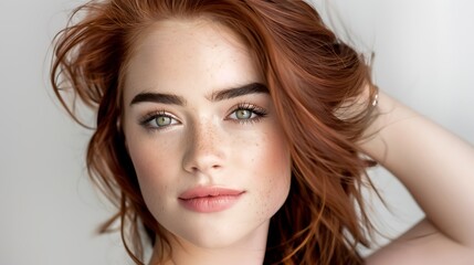 Fototapeta premium Beautiful young woman with striking red hair and captivating green eyes posing gracefully against a light background
