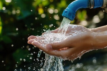 Fototapeta premium Pure Water Flowing into Hands from Faucet Clean Nature Image