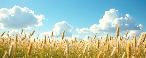 Obraz premium Tall pampas grass sways gently under a serene light blue sky dotted with fluffy white clouds , summer, calm