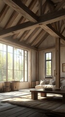 Fototapeta premium Rustic Wooden Home Interior Design: Cozy Living Room with Sunlight