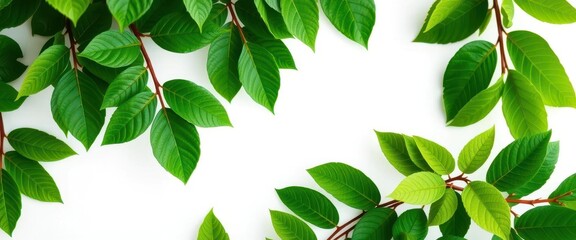 Vibrant green leaves, intricate detail, crisp white backdrop, forest, organic