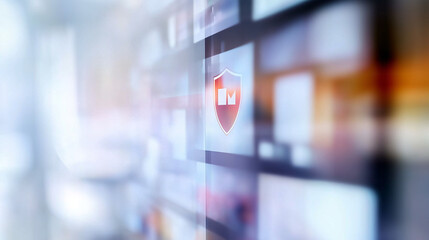 Close-up of a digital screen with a pop-up ad blocked by a shield icon, symbolizing ad-free browsing and online privacy protection in a modern workspace setting.