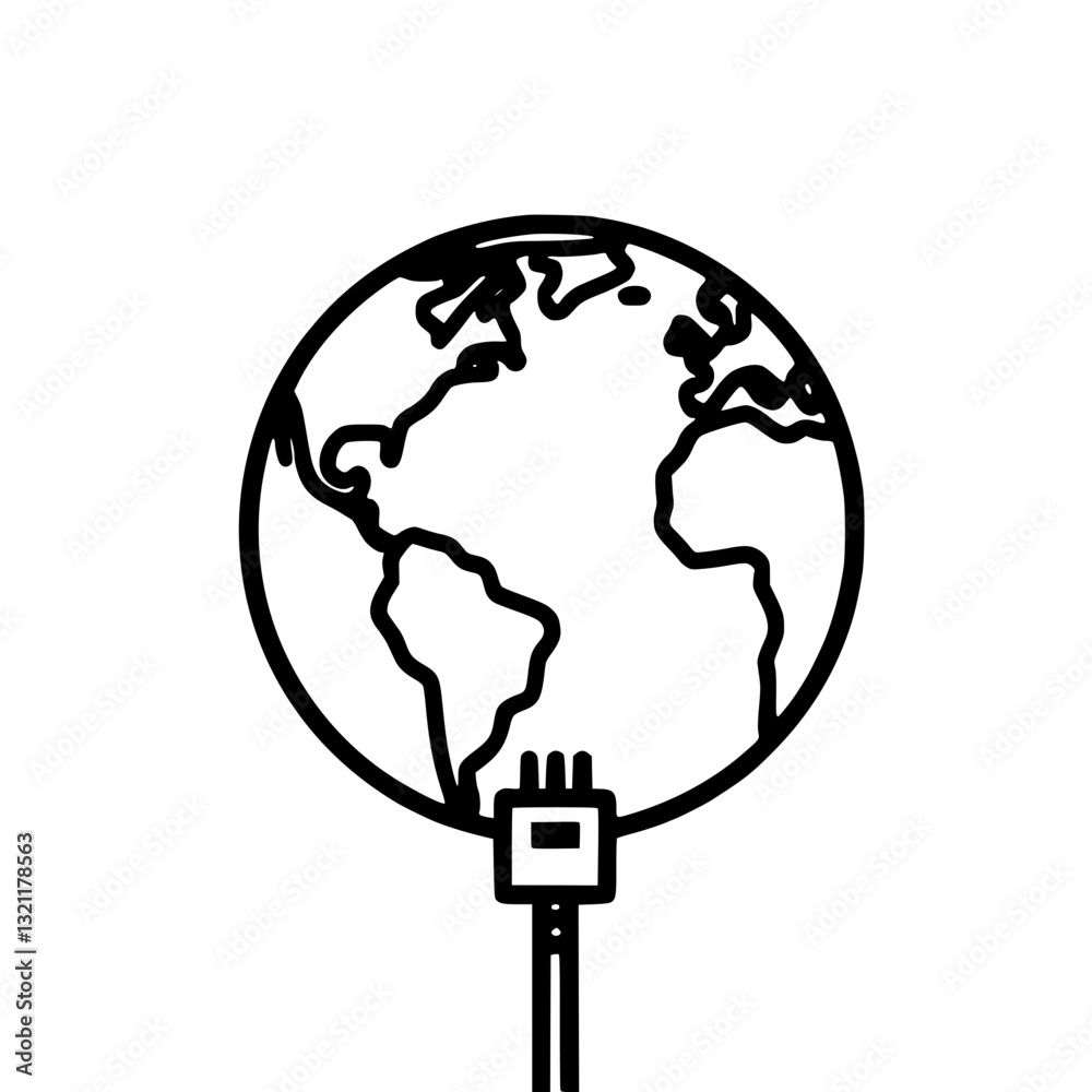 Poster globe with an ethernet cable connection line art icon