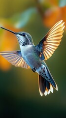 Vibrant hummingbird in mid-flight showcasing colorful wings against a blurred natural backdrop...