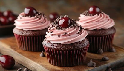 Delicious Chocolate Cupcakes with Pink Frosting and Cherries Sweet Treat Photography