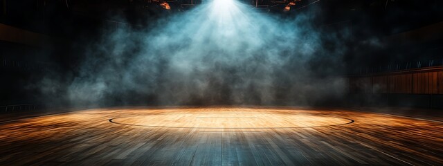 Dramatic Spotlight on Empty Basketball Court, Smoky Arena, Wooden Floor