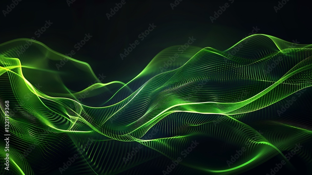 Poster ethereal green wave patterns flowing in a dark background creating a sense of depth and movement