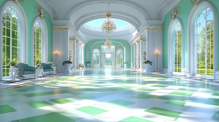 Fototapeta premium Elegant Green Palace Hallway Interior Design Luxury Mansion Grand Ballroom Mint Green Walls Sunlight
