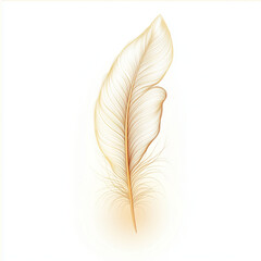 Fototapeta premium Minimalist line art illustration of a delicate feather floating gently in the air. Golden tones with subtle beige gradients. White background. 