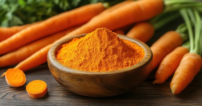 Fresh carrots and vibrant turmeric powder displayed in a rustic wooden bowl on a rustic table