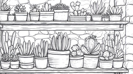 Succulents and cacti on wooden shelves against stone wall; gardening illustration