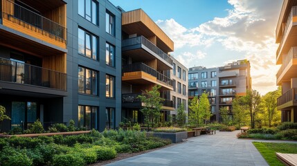 A beautifully designed residential area features modern buildings with wooden accents, lush greenery, and inviting walkways illuminated by the golden glow of sunset, creating a serene atmosphere