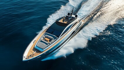 Luxury Motor Yacht Cruising on Azure Ocean Aerial View